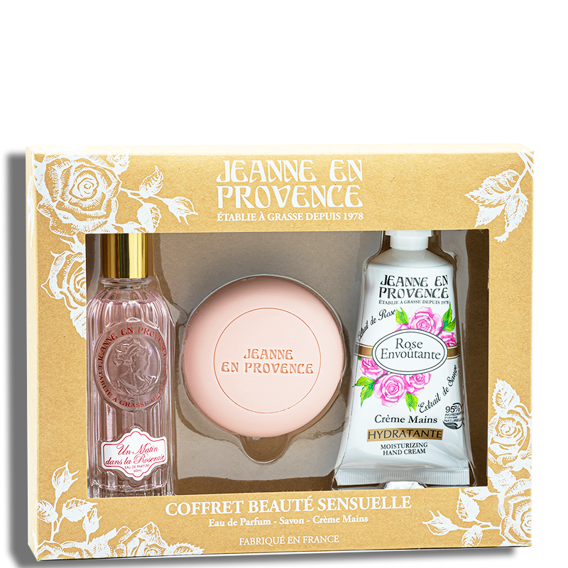 Coffret Jeanne en provence Rose Envoutante, gel douche, savon dur, crème mains