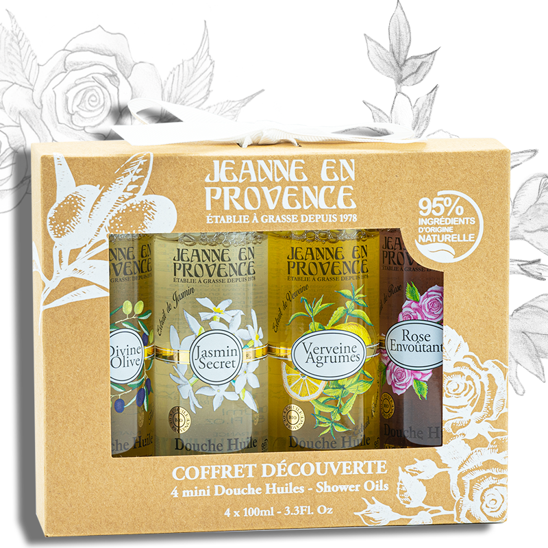 Coffret Jeanne en provence huile de douche, divine olive, jasmin secret, verveine agrumes, rose envoutante